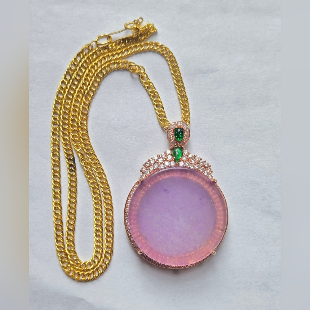 Vintage Burmese Lilac Lavender Jade Pendant w/ Rhinestones Necklace Tested